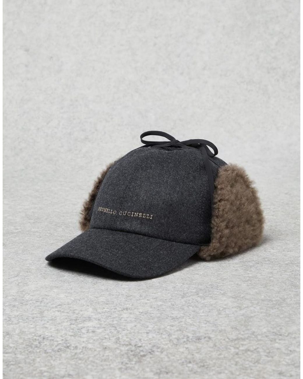 Brunello Cucinelli Black Charcoal Wool Hat With Shearling Ear Flaps