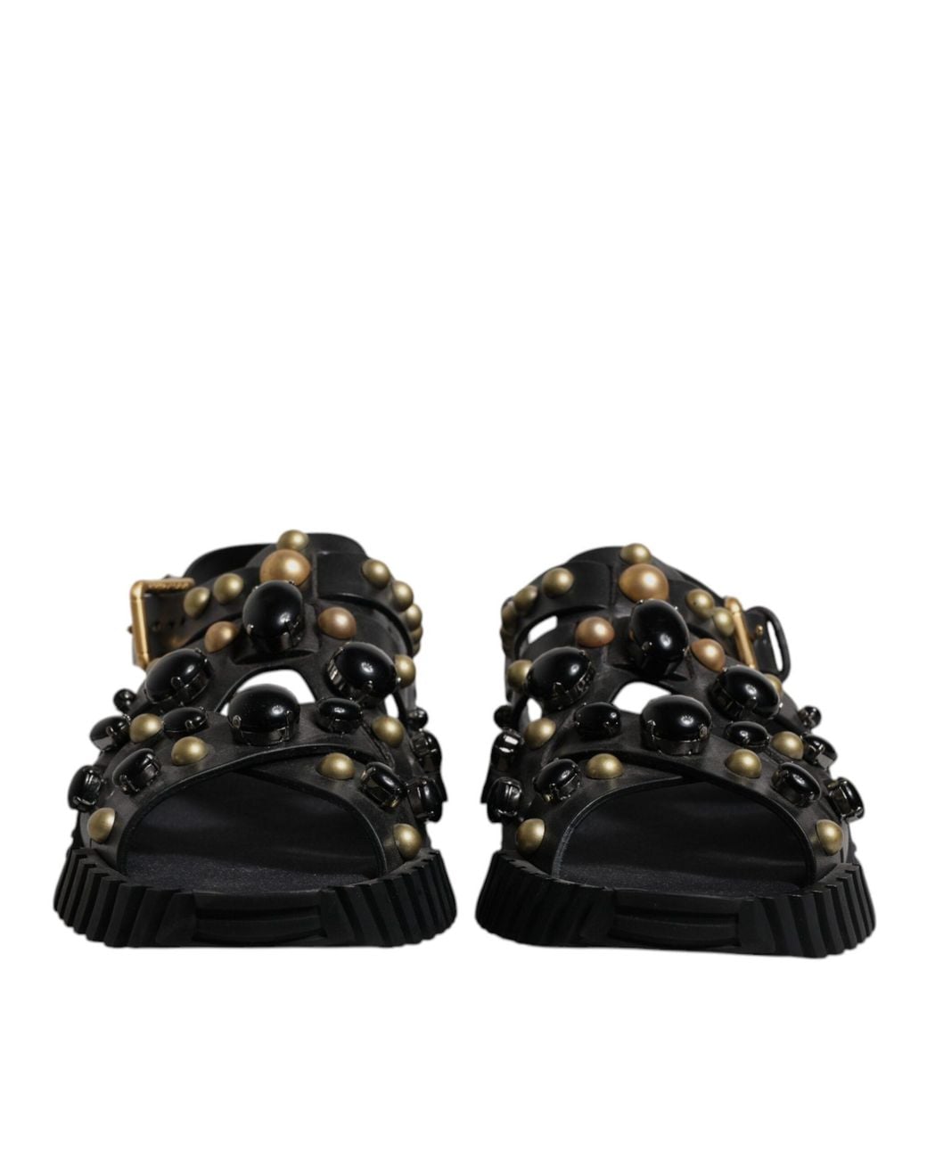 Dolce & Gabbana Black Leather Studded Slides Sandals Shoes Calfskin for men
