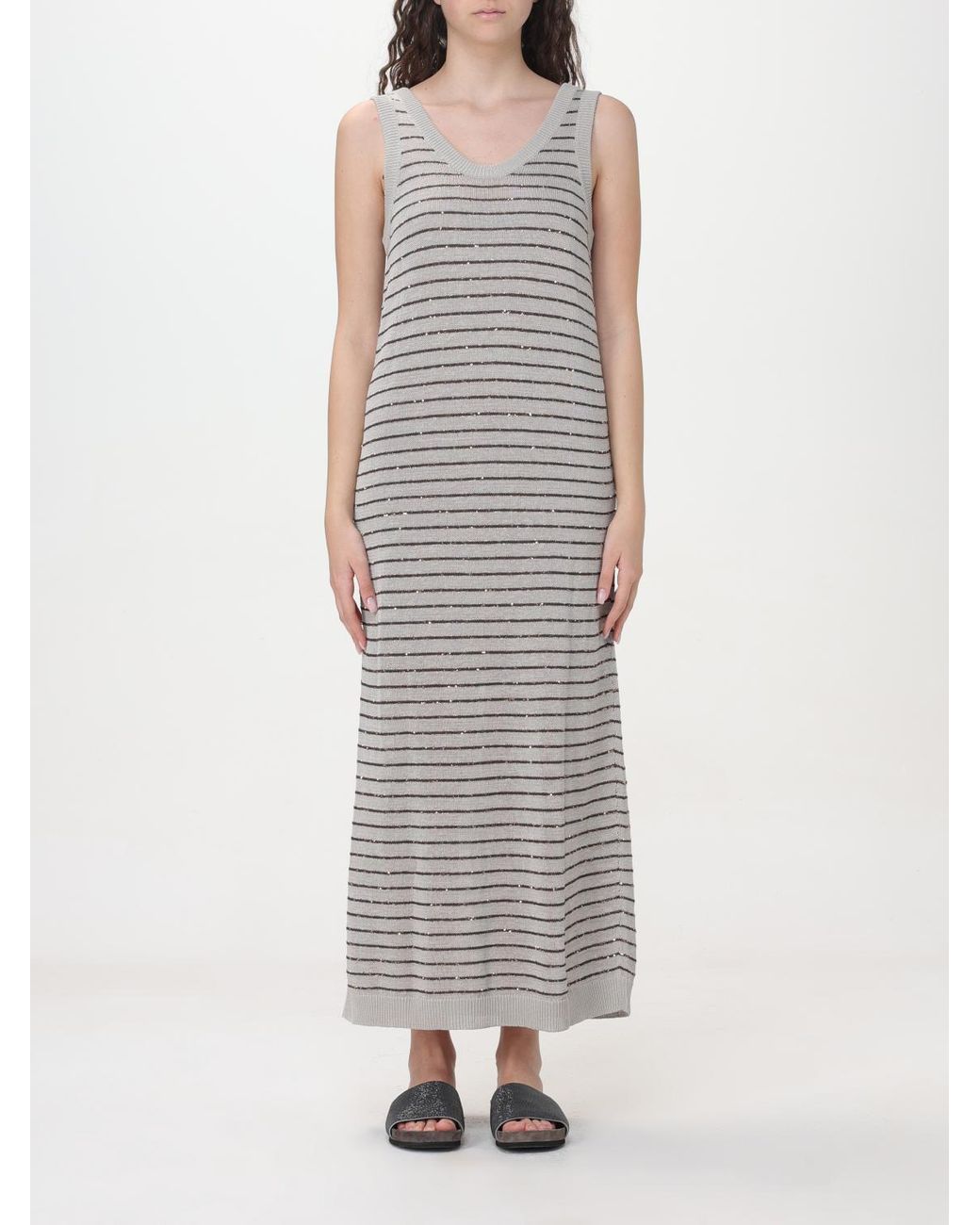 Brunello Cucinelli Gray Light Striped Sleeveless Dress