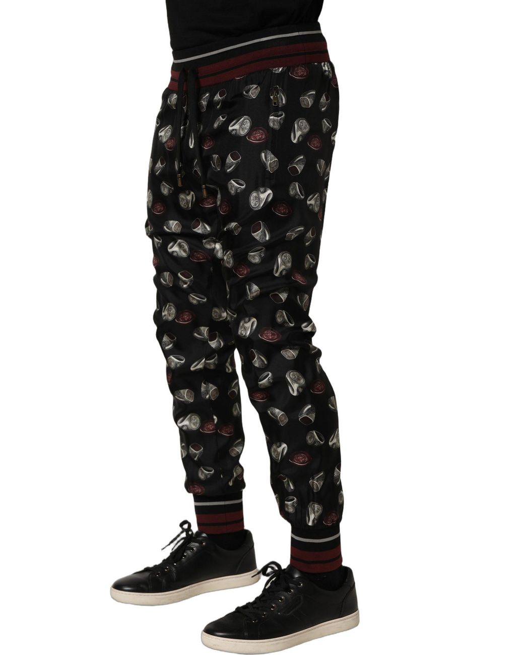 Dolce & Gabbana Black Pants Ring Print Silk Jogging Trousers for men