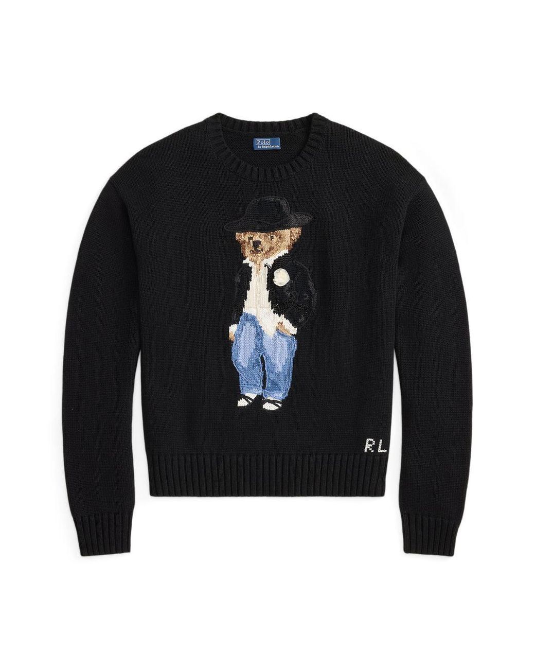 Polo Ralph Lauren Black Cotton Knit Pullover With Jacquard Bear Logo