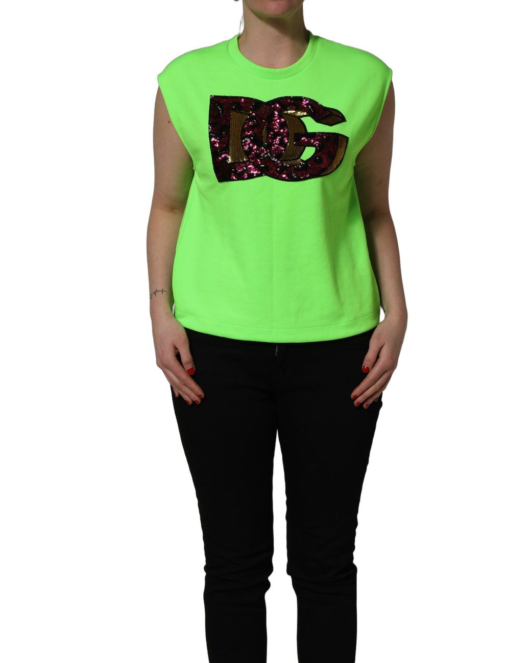 Dolce & Gabbana Green Neon Dg Sequined Sleeveless Jersey Top Polyester