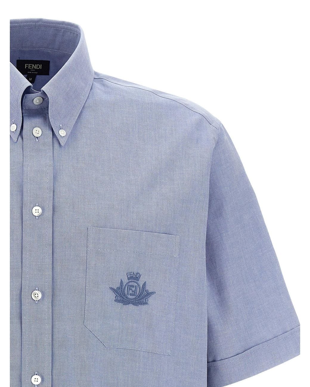 Fendi Blue Oxford Cotton Button-Down Shirt for men