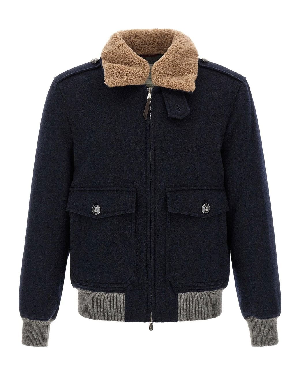 Brunello Cucinelli Blue Cashmere Bomber With Shearling Collar Jacket