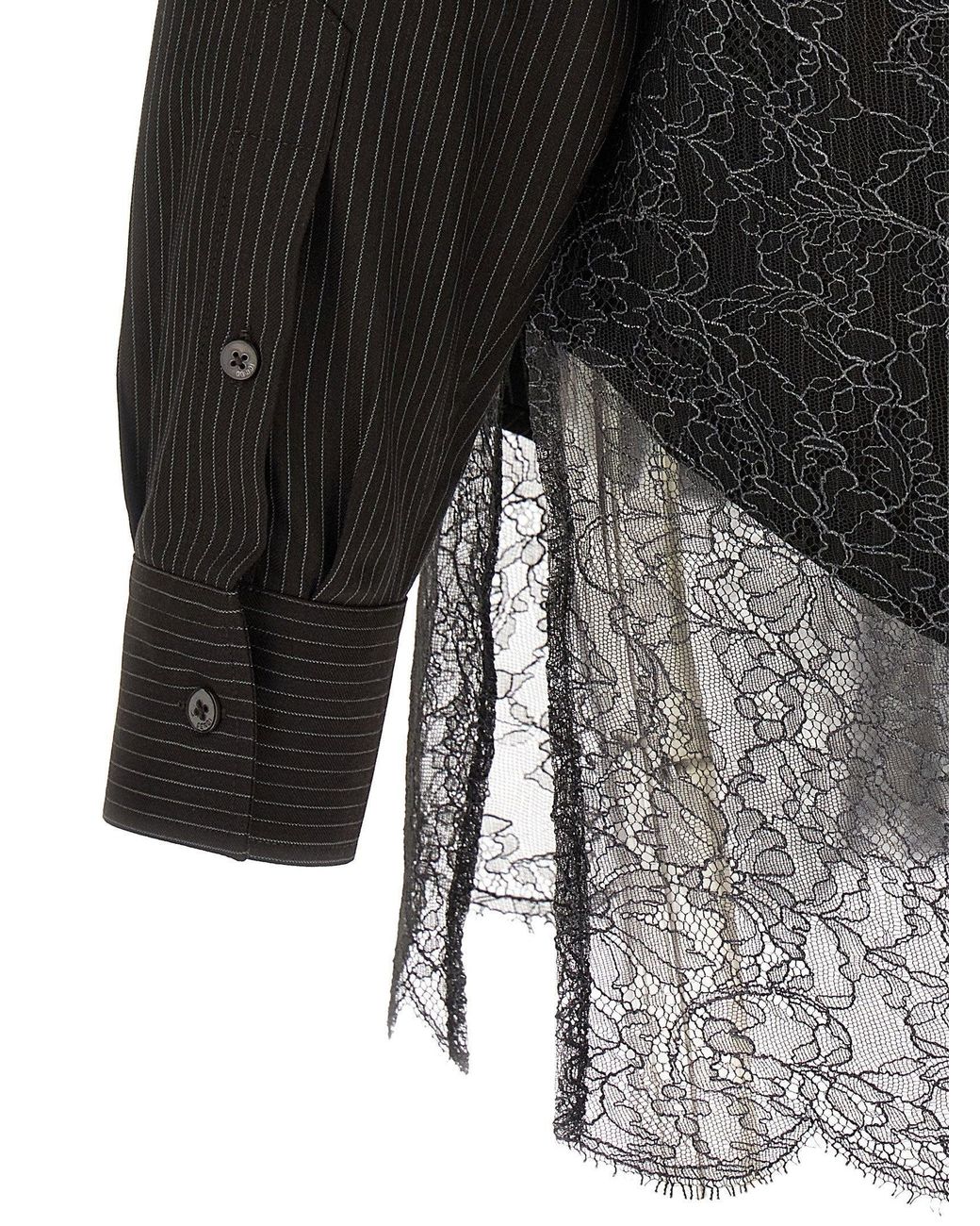 Fendi Black Pinstripe Wool With Lace Trim Shirt
