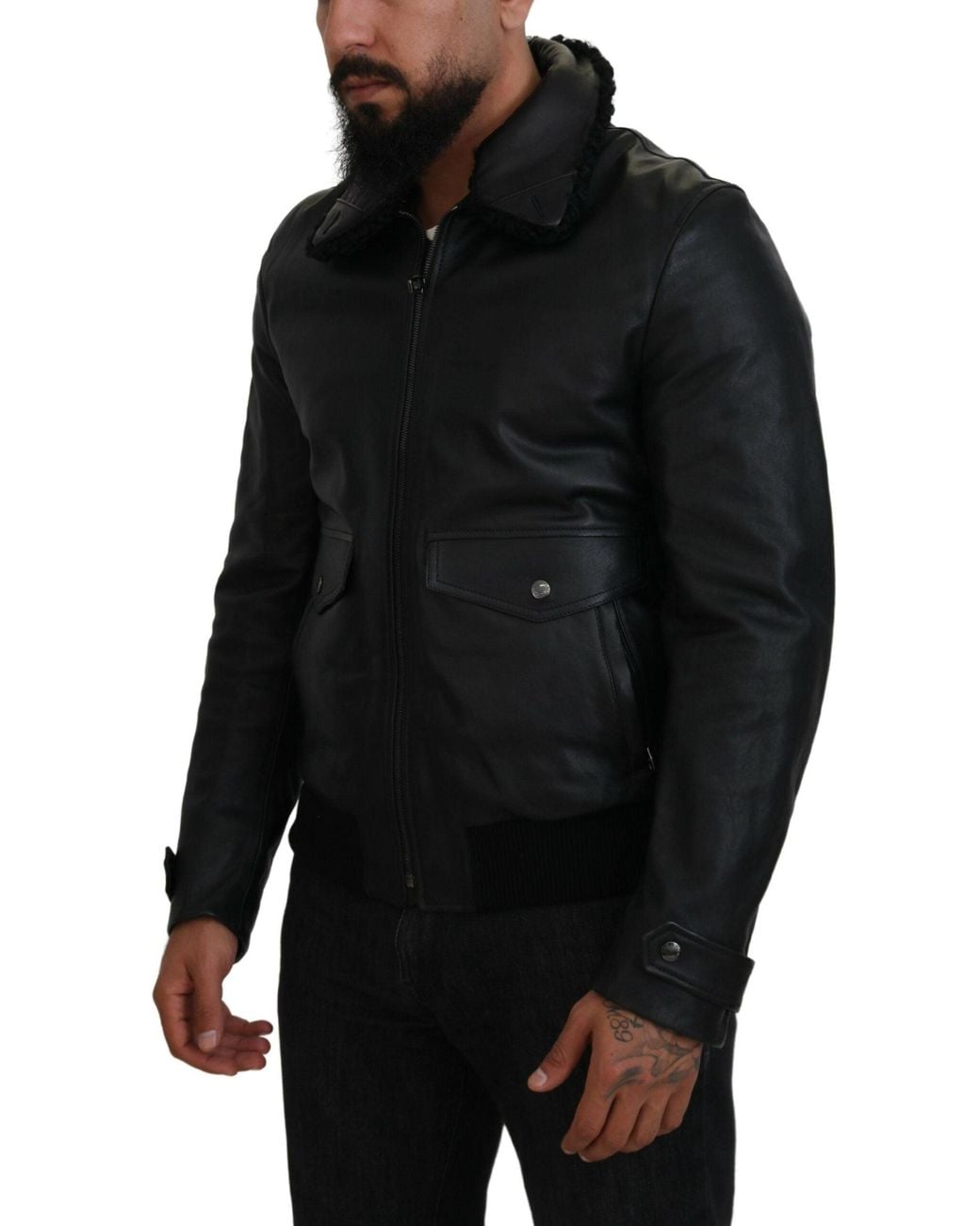 Dolce & Gabbana Black Lamb Leather Collared Coat Jacket for men