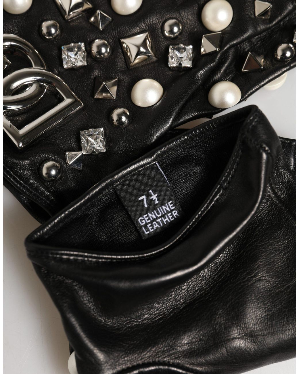 Dolce & Gabbana Black Pearl Embellished Wrist Length Gloves Lamb Leather