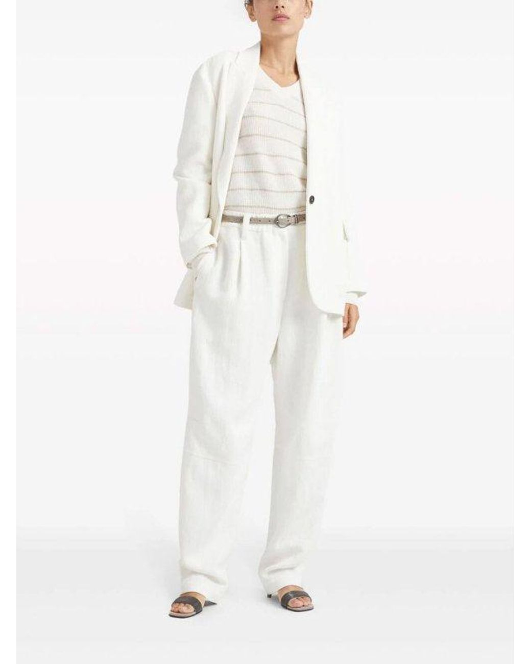 Brunello Cucinelli White Off Linen Tapered Trousers
