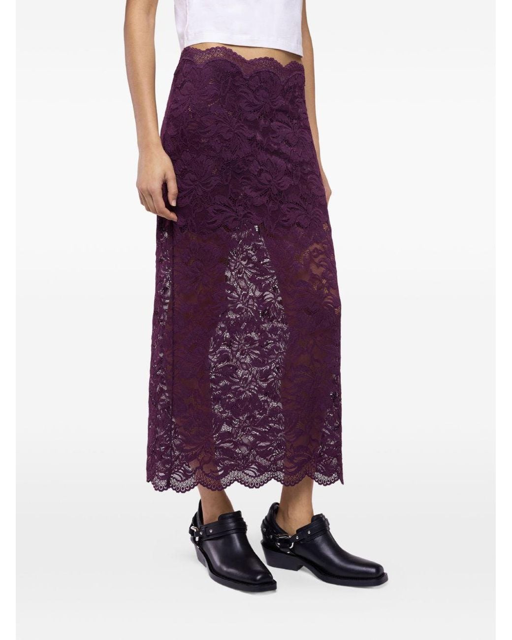Rabanne Purple Double-Layered Stretch Floral Lace Midi Skirt With Metal Ball Buttons