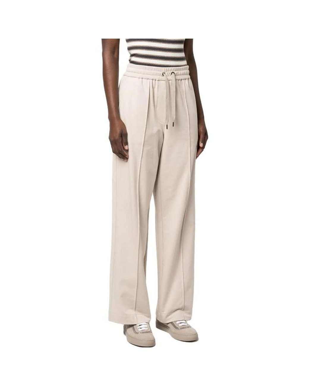 Brunello Cucinelli Natural Soft Stone Cotton Wide Leg Trousers
