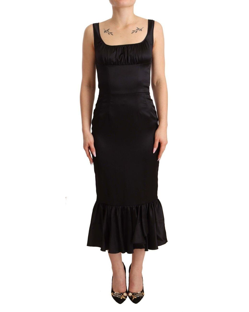Dolce & Gabbana Black Elegant Silk Midi Sheath Dres