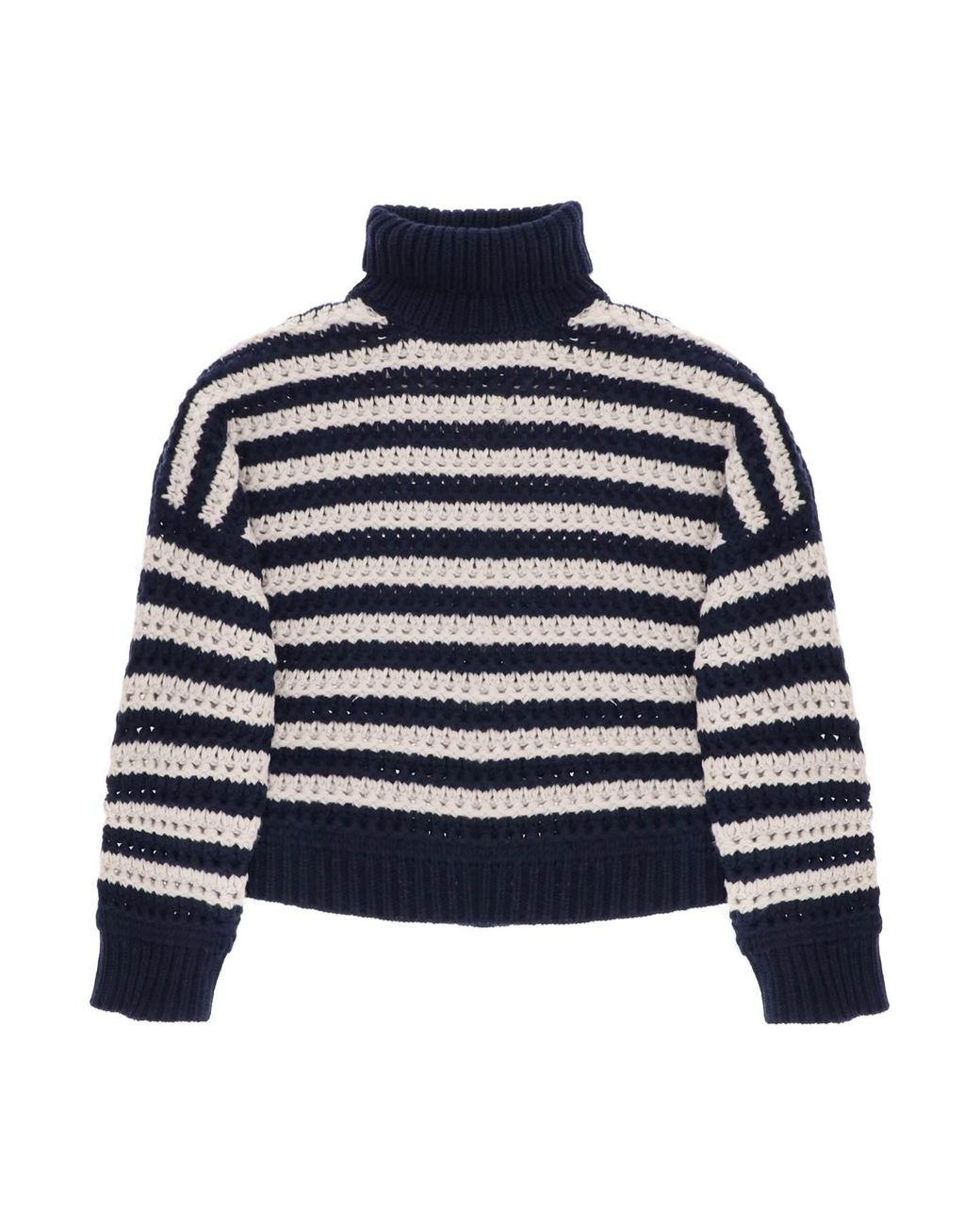 Brunello Cucinelli Blue Striped Sweater In Wool And Cashmere