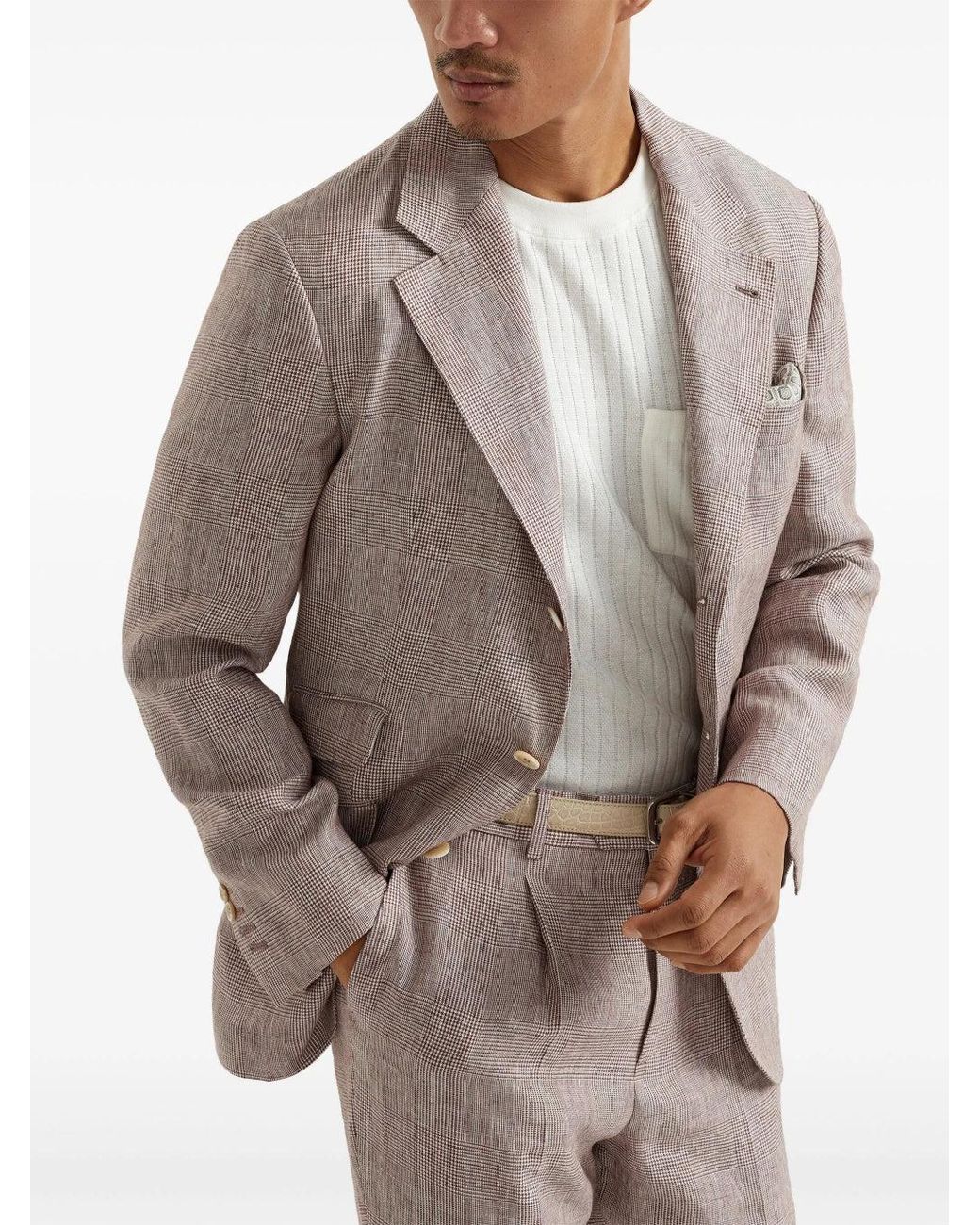 Brunello Cucinelli Gray Light Linen Check Blazer for men