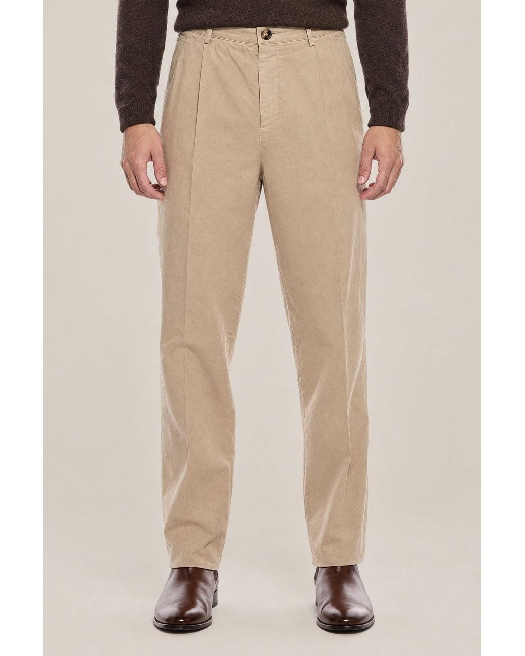 Brunello Cucinelli Natural Camel Cotton Pleated Trousers for men