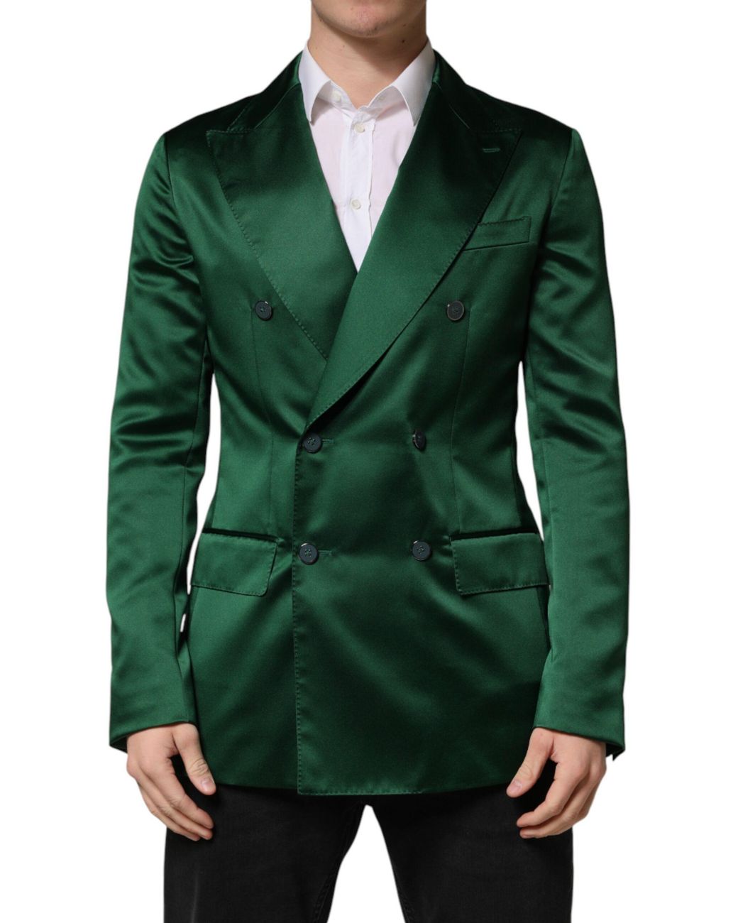 Dolce & Gabbana Green Satin Double Breasted Jacket Blazer Polyester Clothing for men