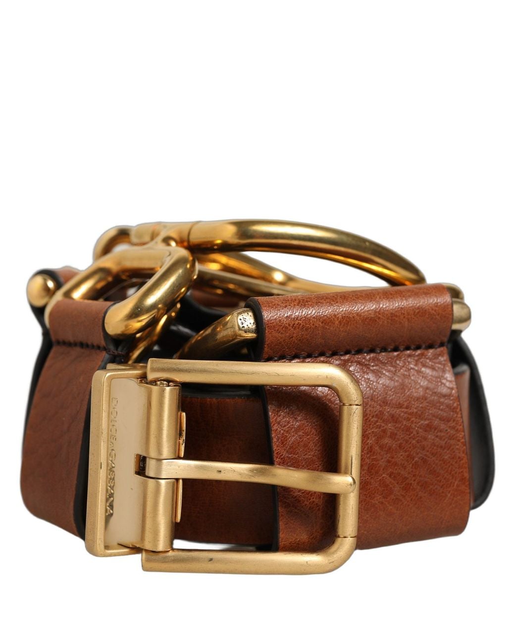Dolce & Gabbana Brown Leather Metal Rings Buckle Belt for men