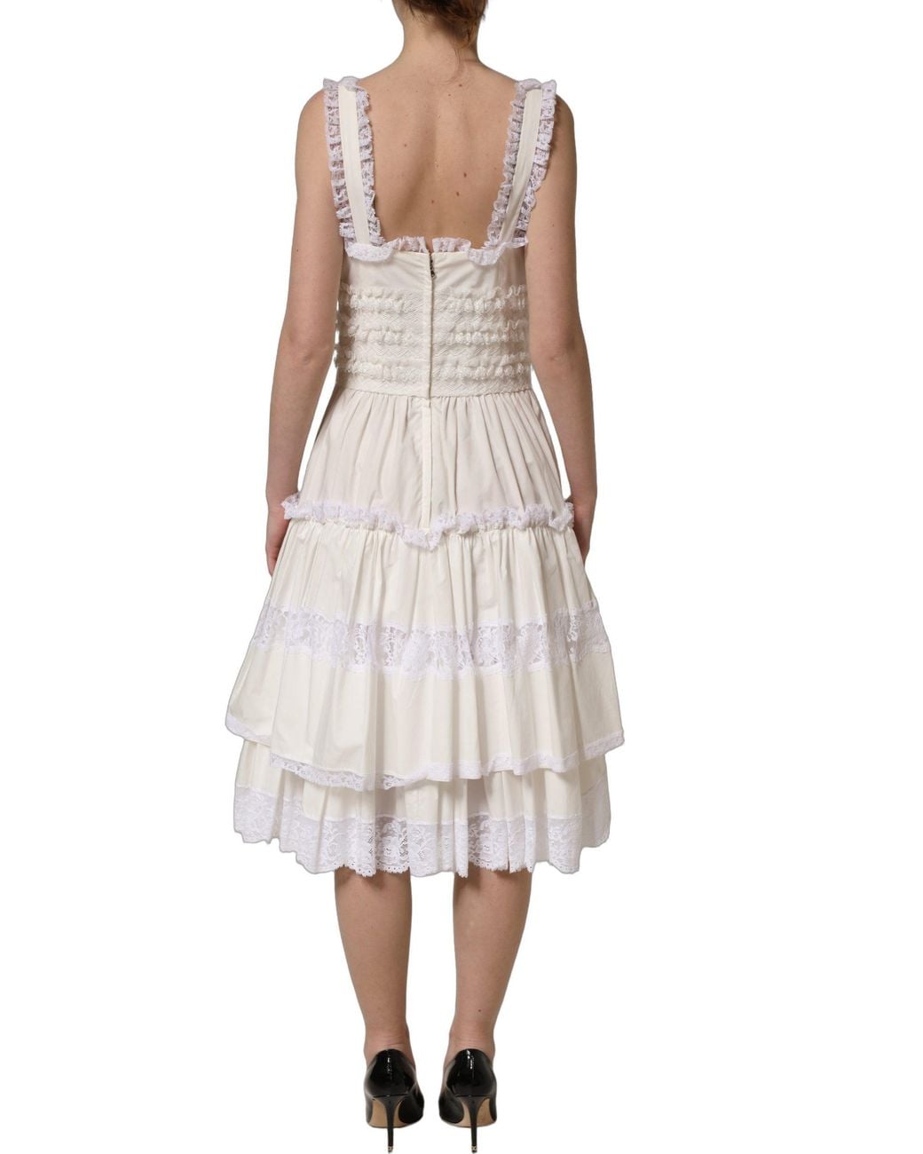 Dolce & Gabbana White Cotton Poplin Ruffled Midi Dress Nylon