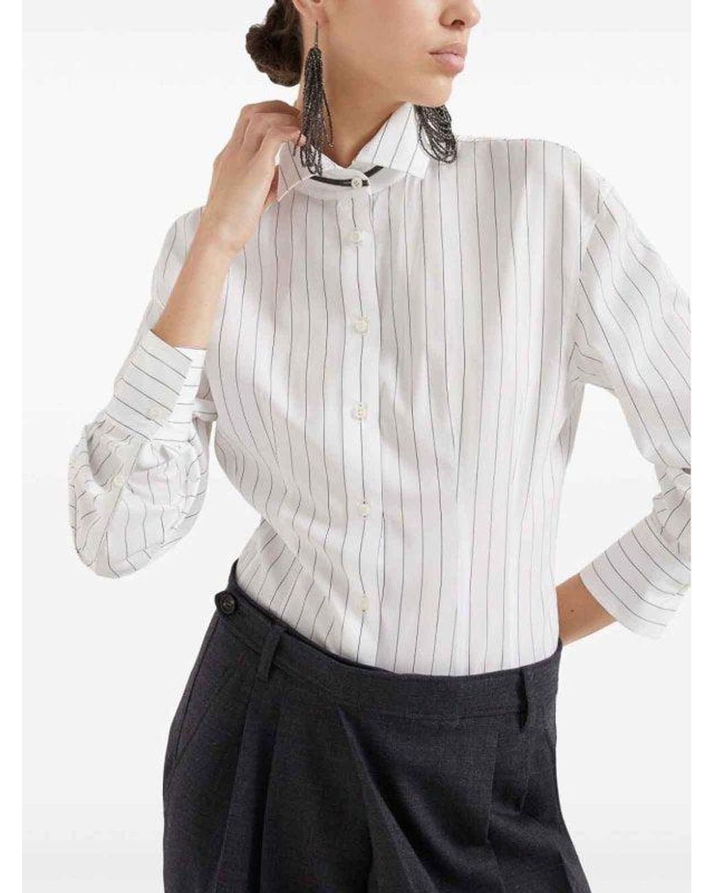 Brunello Cucinelli White Bicolor Cotton Pattern Shirt