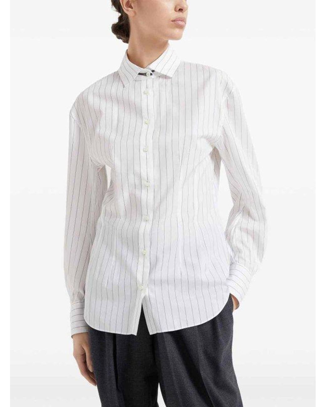 Brunello Cucinelli White Bicolor Cotton Pattern Shirt