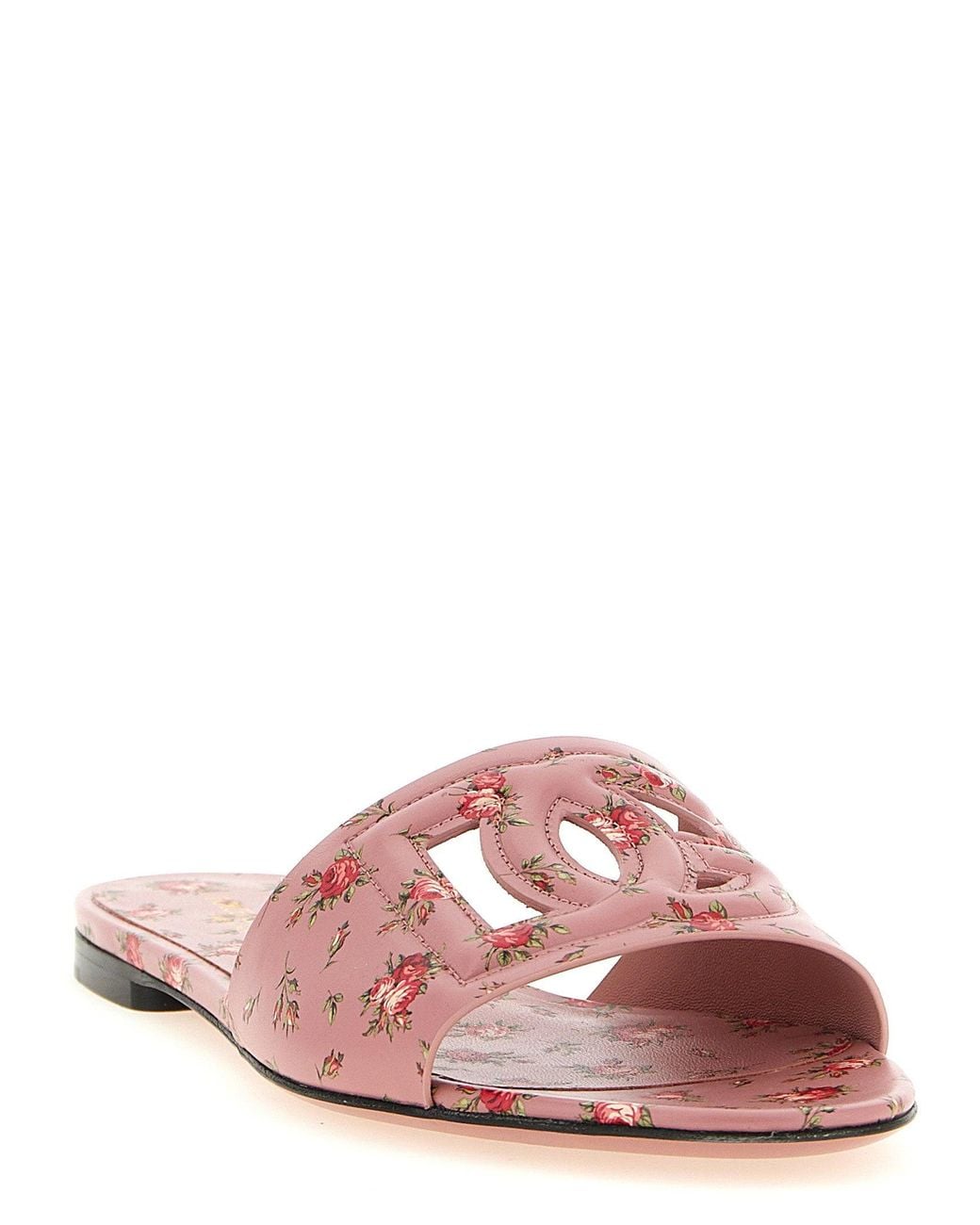 Dolce & Gabbana Pink Dolce & Gabbana Rose-Print Leather Slides