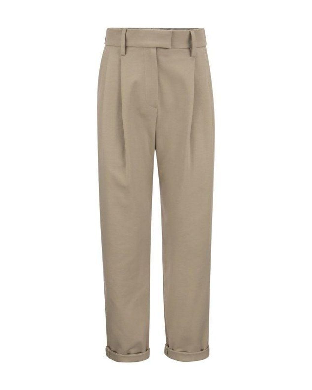 Brunello Cucinelli Natural Talco Cotton Tapered Trousers With Cuffs
