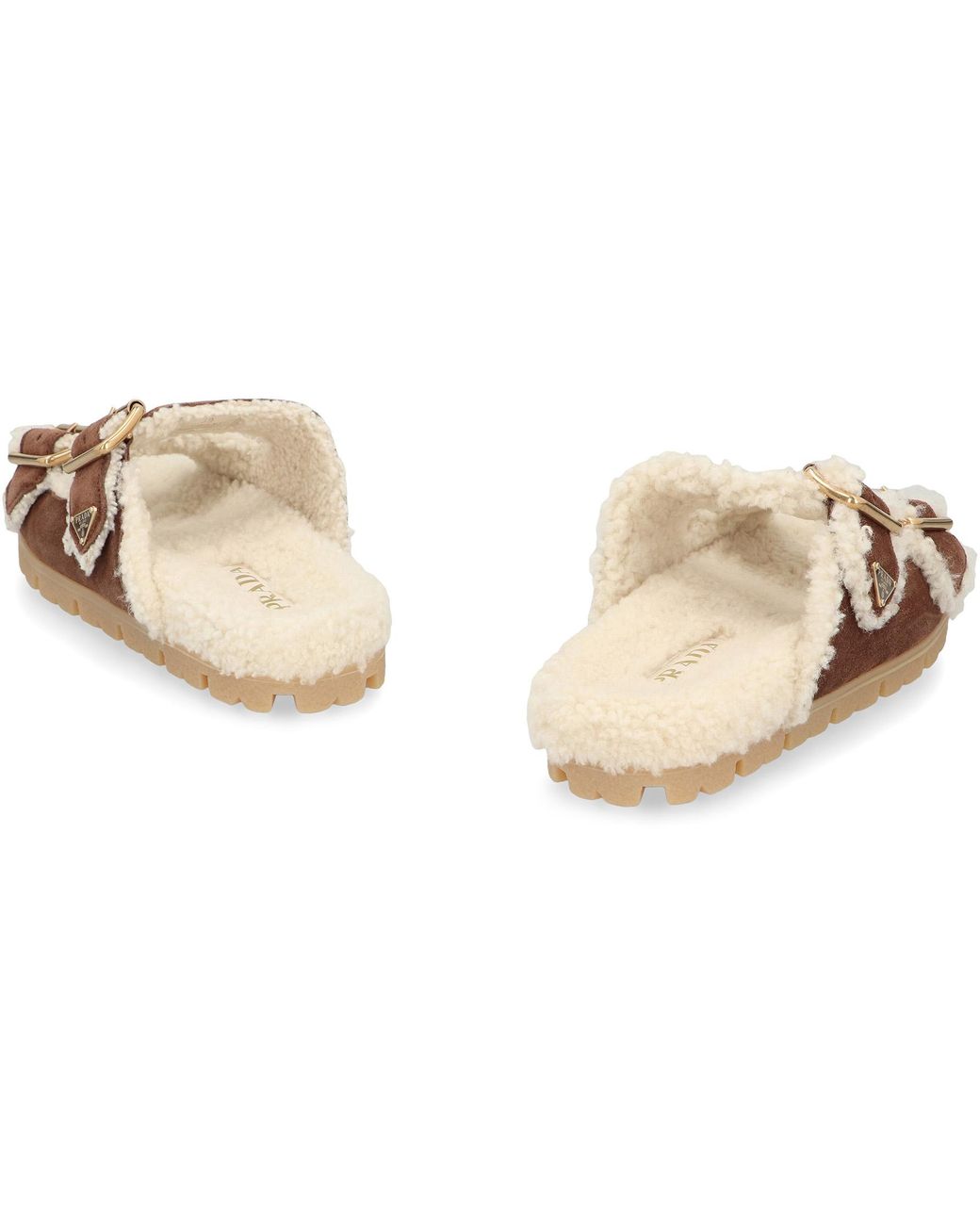 Prada Brown Suede Slippers With Metallic Logo Calf Sandal