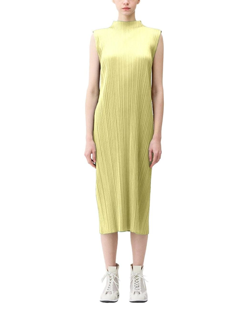 Issey Miyake Yellow Pleats Please High-Neck Dress Pale