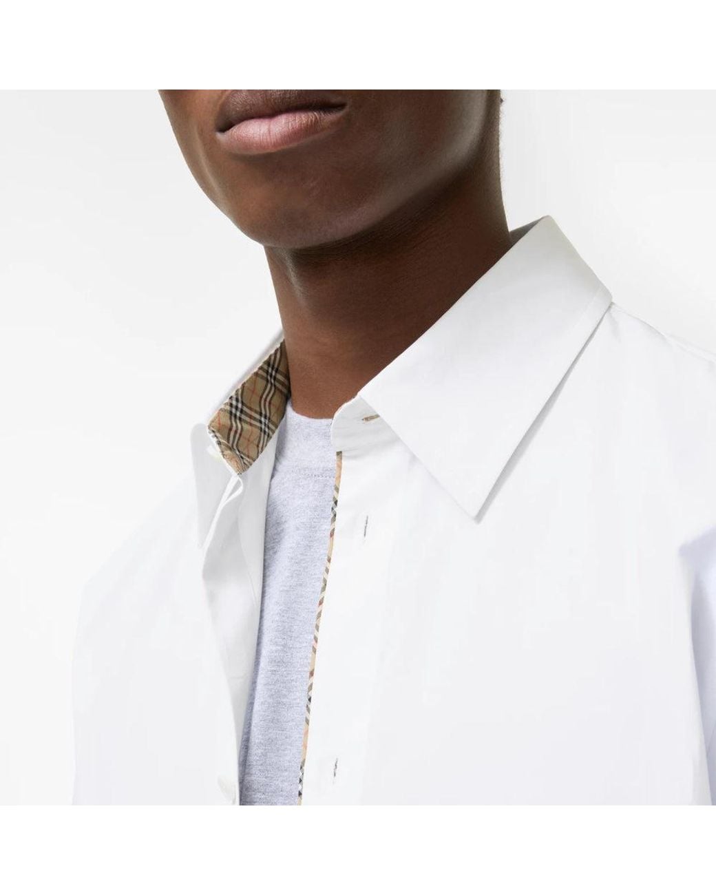 Burberry White Burberry Check-Collar Poplin Shirt for men