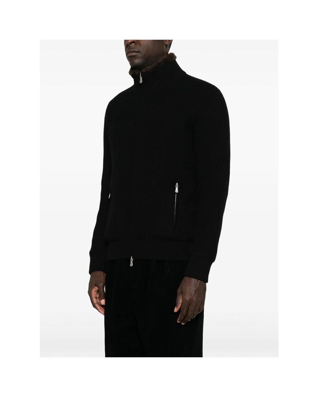 Barba Napoli Black Ribbed-Knit Faux-Fur-Trim Jacket for men