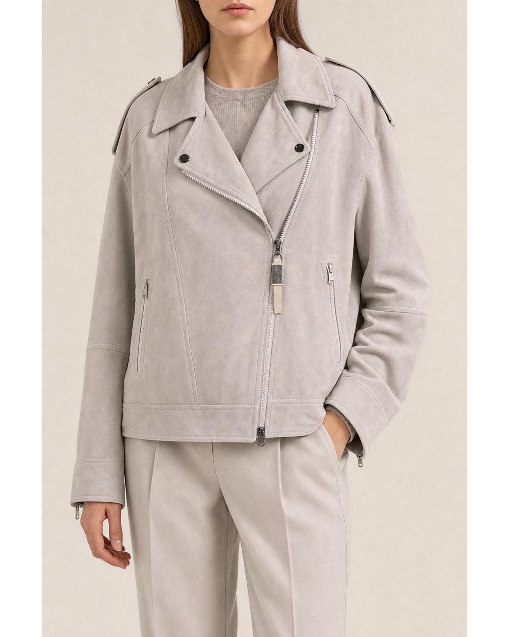 Brunello Cucinelli Natural Quarzo Suede Biker Jacket