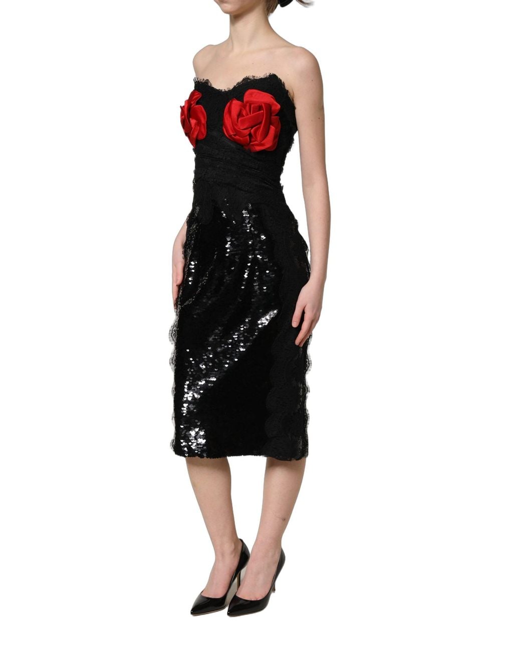 Dolce & Gabbana Red Strapless Rose Sequined Midi Dress Polyester