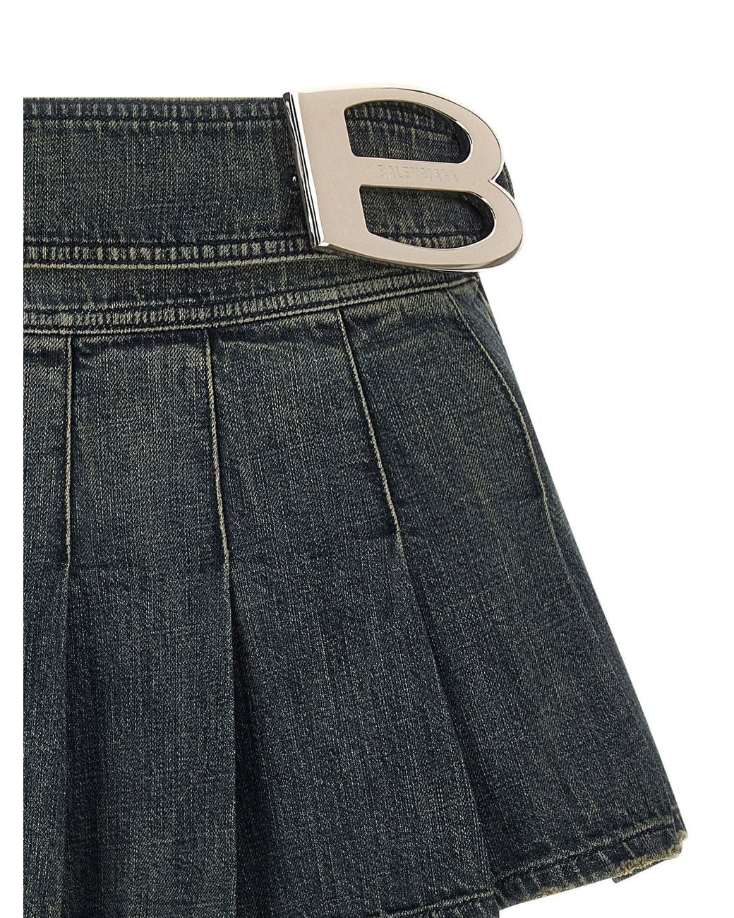 Balenciaga Gray Pleated Denim With Logo Buckle Skirt