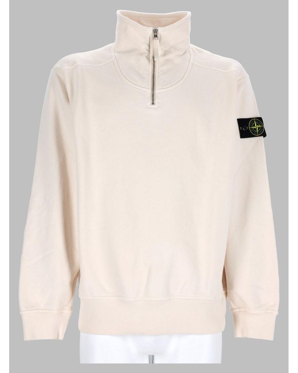 Stone Island Natural Half-Zip Logo Patch Sweatshirt Cotton Sweater for men