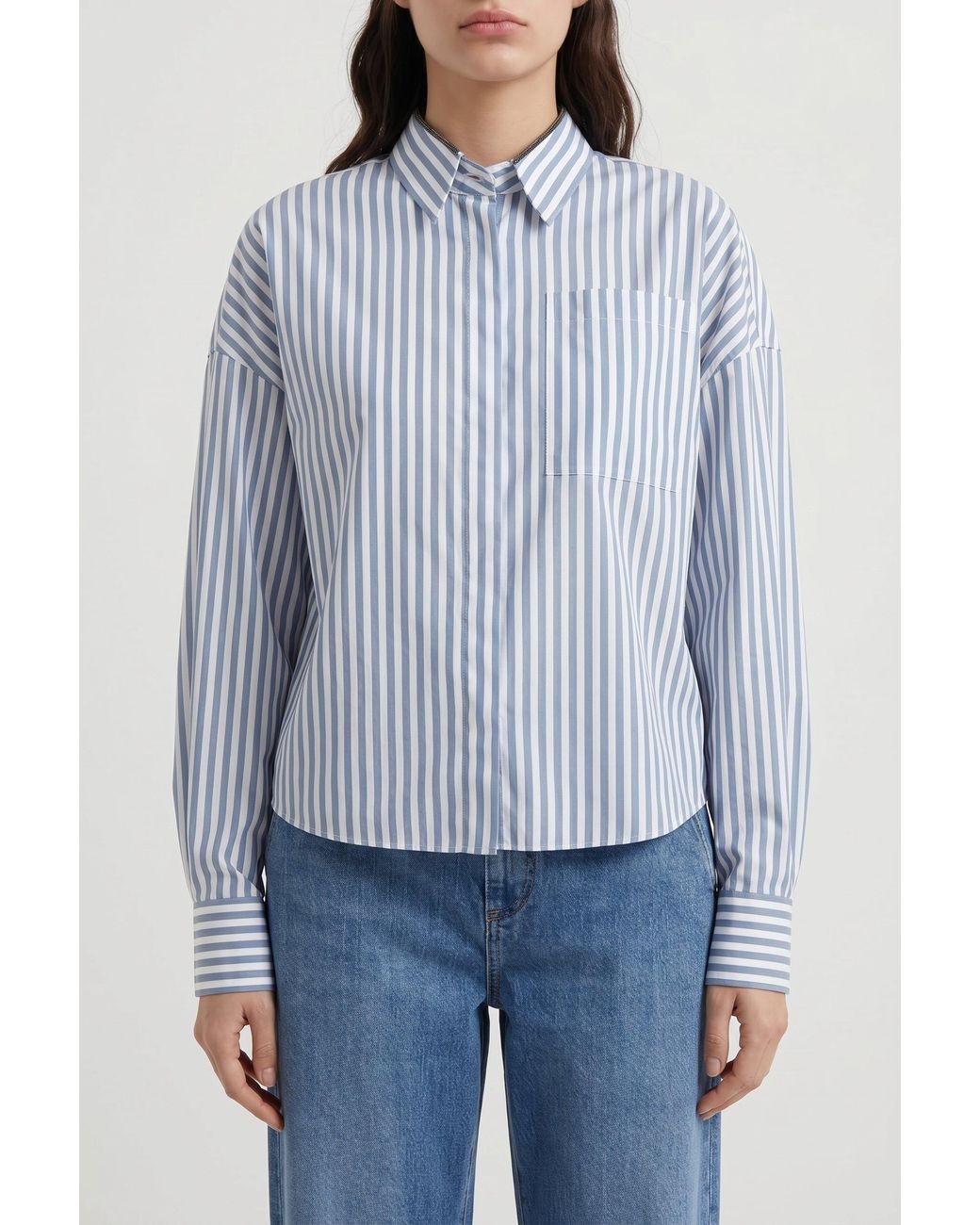 Brunello Cucinelli Blue Striped Cotton Silk Shirt