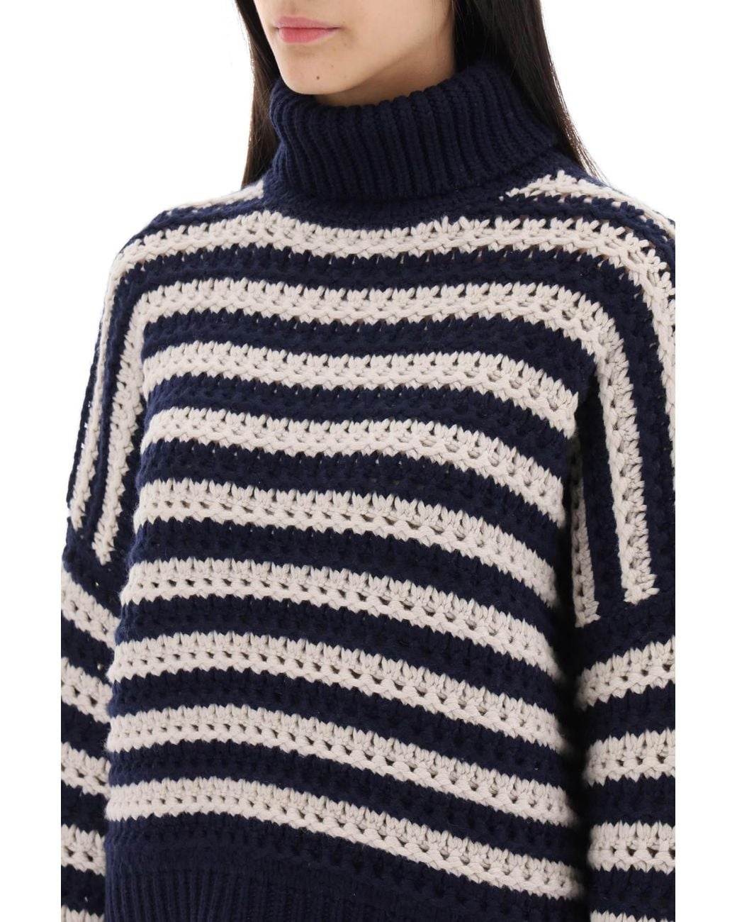 Brunello Cucinelli Blue Striped Sweater In Wool And Cashmere