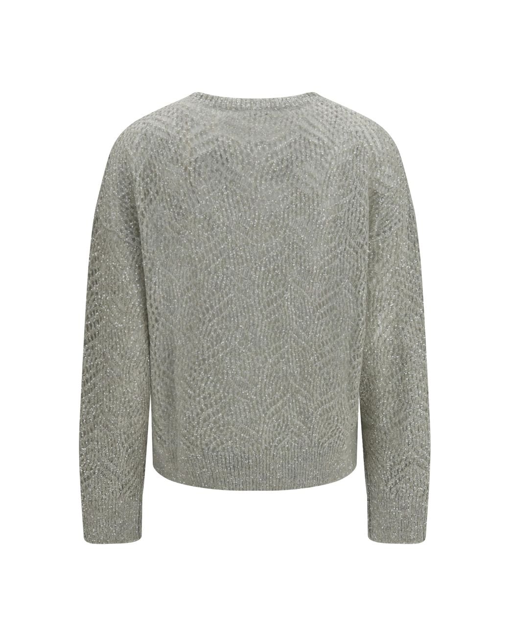 Brunello Cucinelli Gray Crewneck Sweater With Openwork And Sequins Linen