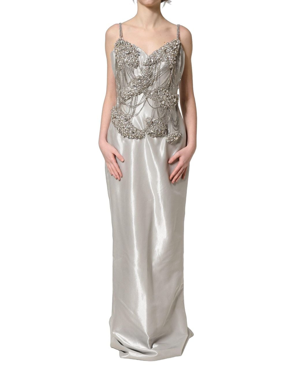 Dolce & Gabbana Metallic Crystal Embellished Eveninggown Dress Silk Elastane