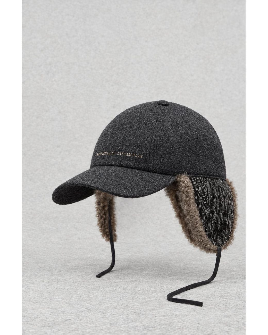 Brunello Cucinelli Black Charcoal Wool Hat With Shearling Ear Flaps