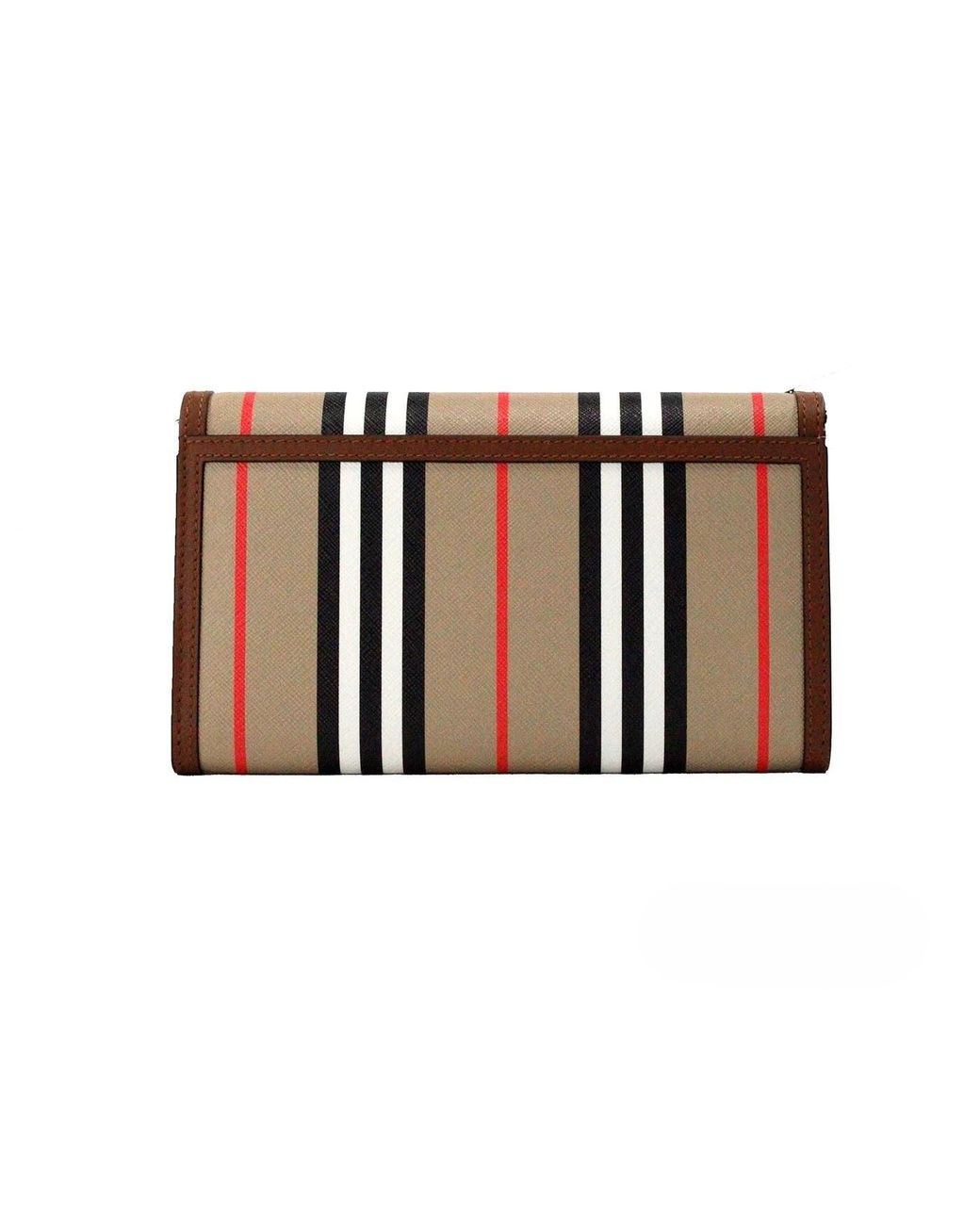 Burberry Brown Hannah Icon Stripe Archive Tan E-Canvas Leather Wallet Crossbody Bag