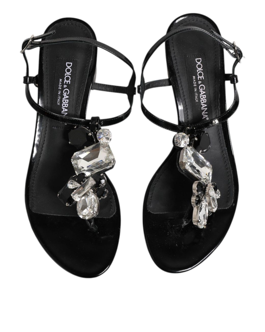 Dolce & Gabbana Black Leather Crystal Ankle Strap Sandals Shoes