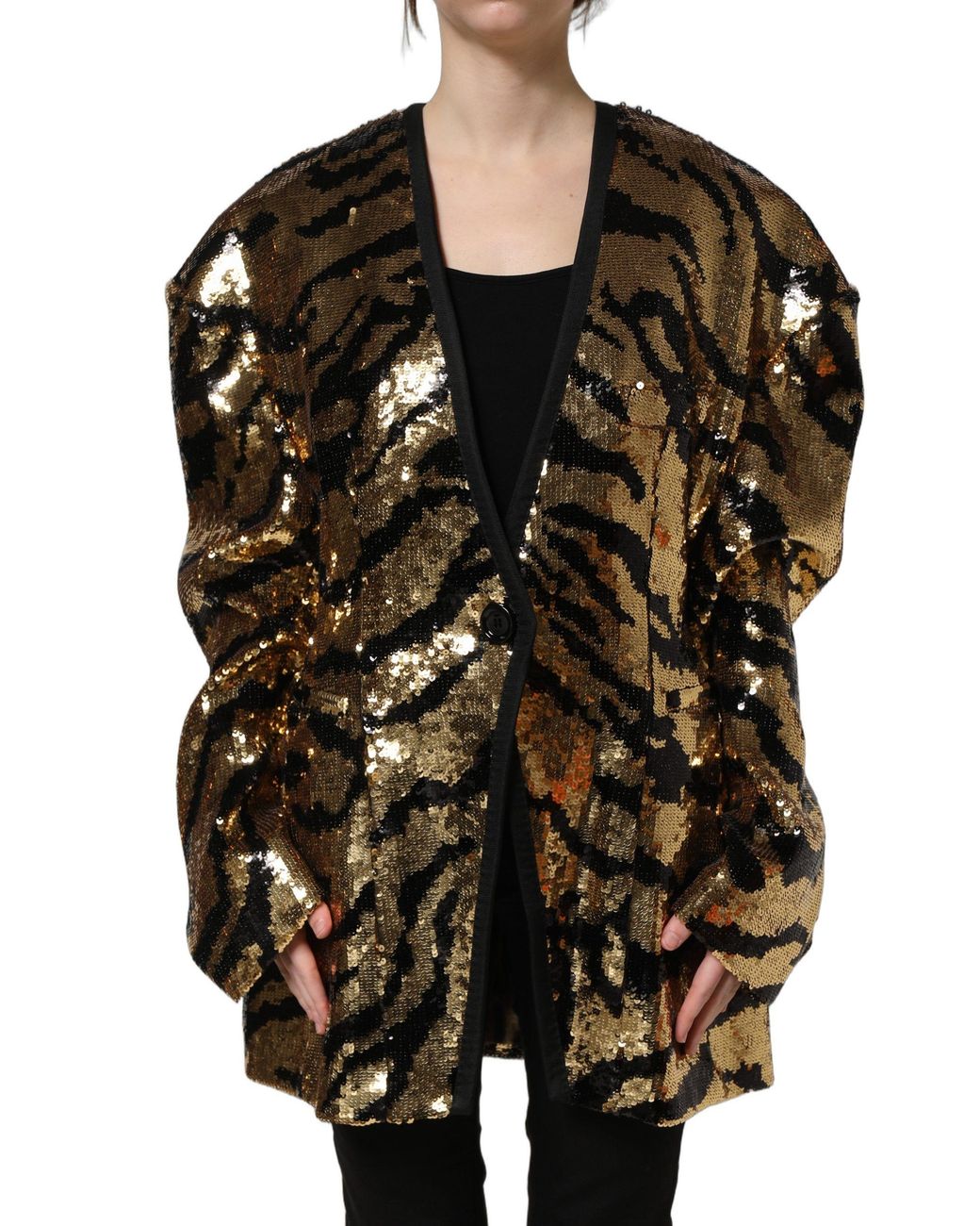 Dolce & Gabbana Black Sequin Tiger Stripe Blazer Jacket Polyester Silk Elastodiene Clothing