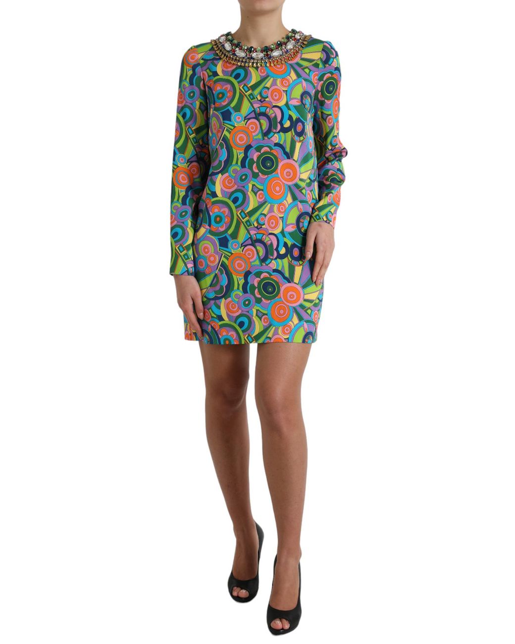 Dolce & Gabbana Green Geometric Print Silk Crystals Midi Dress