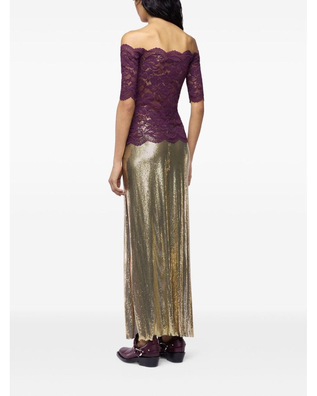 Rabanne Purple Layered Stretch Lace Off-The-Shoulder Short-Sleeved Top