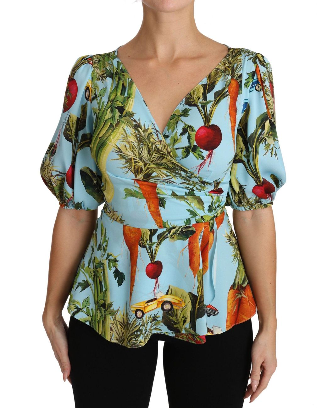 Dolce & Gabbana Blue Dolce & Gabbana Vegetable Print Silk Blouse