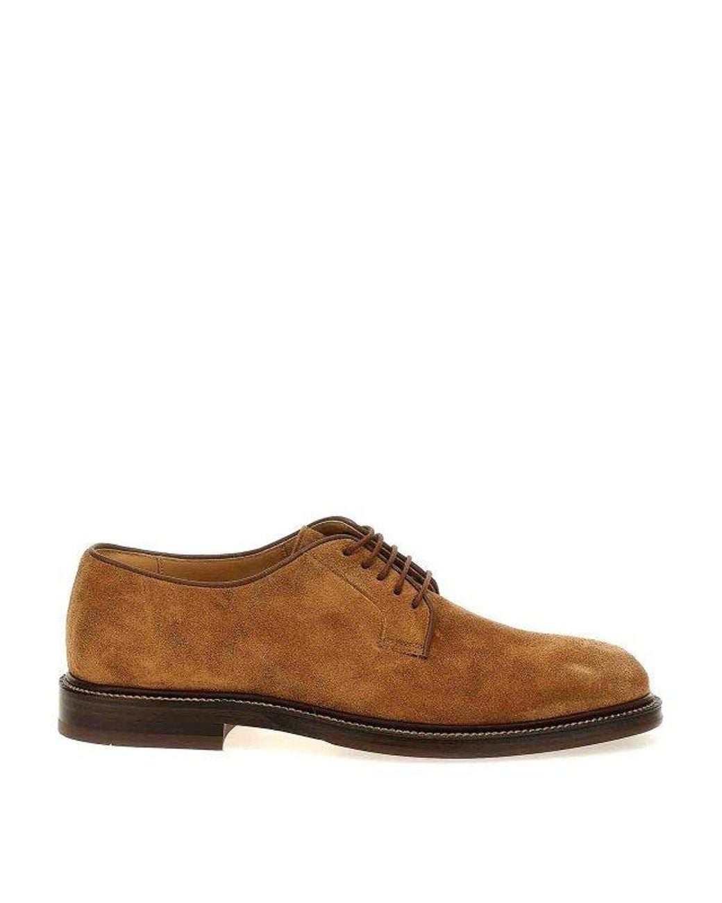 Brunello Cucinelli Brown Suede Derby Shoes for men