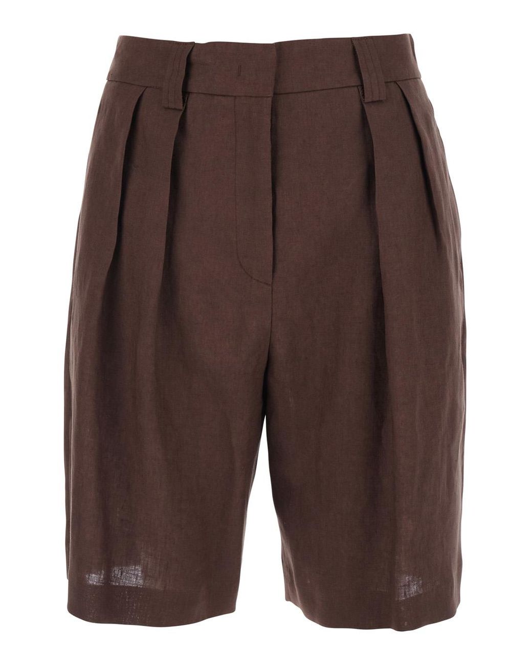 Le Plain Brown Linen Front Pleated Shorts For And Bermuda