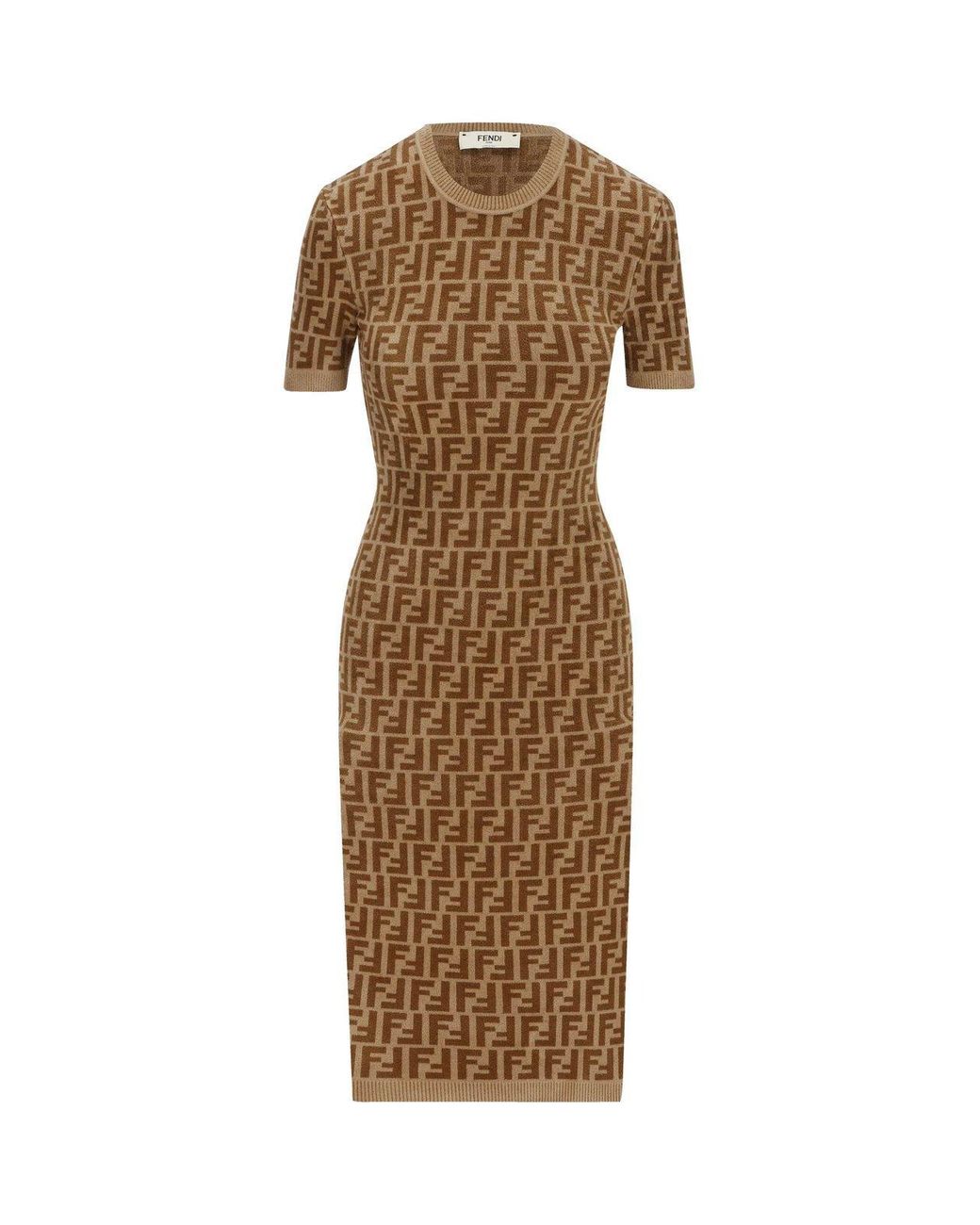 Fendi All over Ff Printed Knitted Midi Dress in Natural Lyst