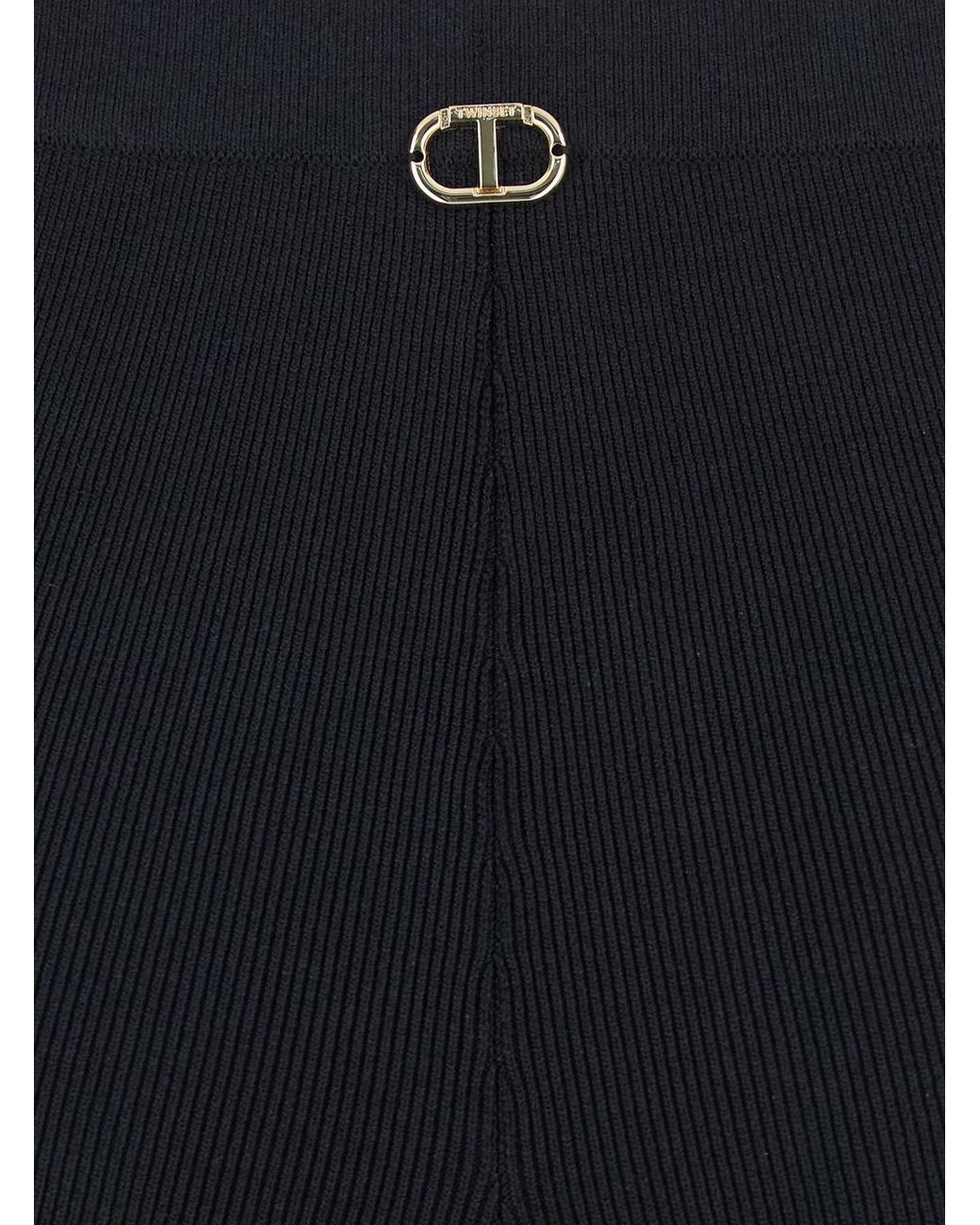 Twinset Blue Flared Pants With Logo Plaque On The Rear