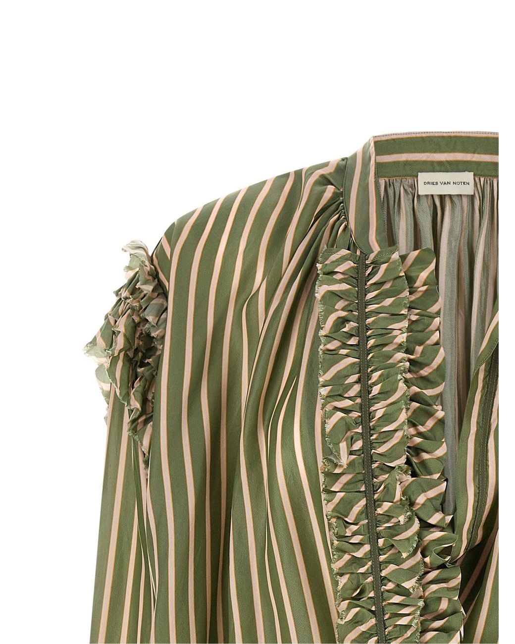 Dries Van Noten Green Striped Cupro With Ruffle Trim Shirt