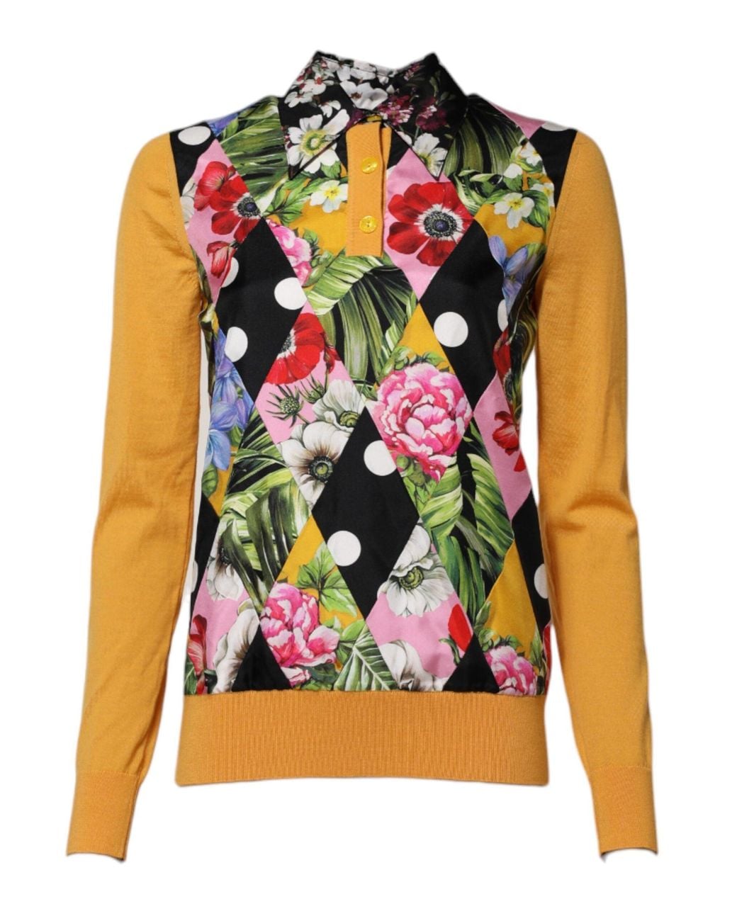 Dolce & Gabbana Black Multicolor Floral Long Sleeves Polo Top